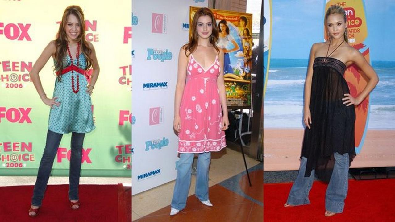Платье поверх джинсов, мода 2000-х, фото